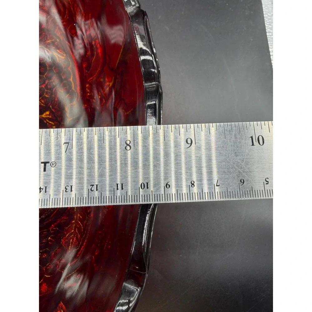 Vintage Ruby Red Amberina Glass Footed Bowl Scalloped Fruit Pattern Centerpiece